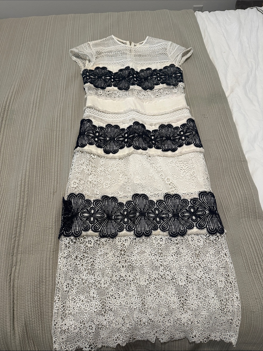 Revolve White Lace Midi Dress with Navy Floral Appliqué